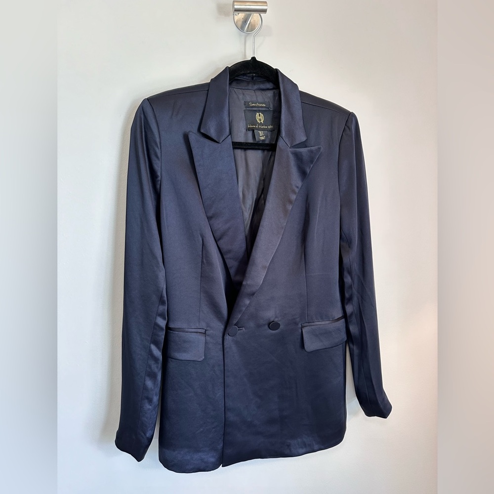 House of Harlow 1960 Oversized Navy Satin/Silk Effect Blazer - Size Small